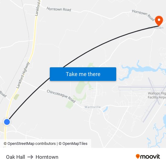 Oak Hall to Horntown map