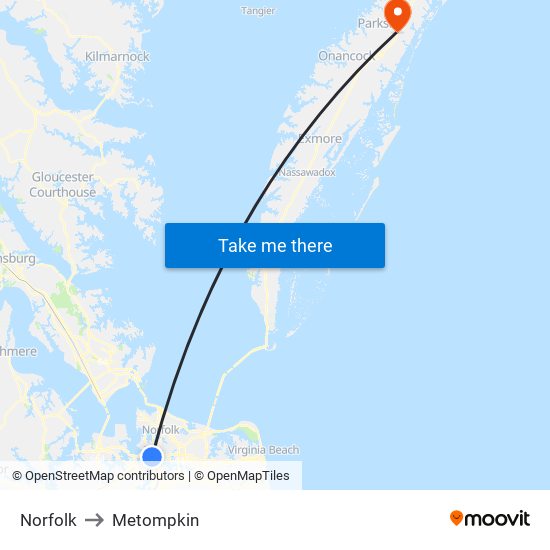 Norfolk to Metompkin map