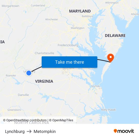 Lynchburg to Metompkin map