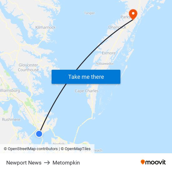 Newport News to Metompkin map