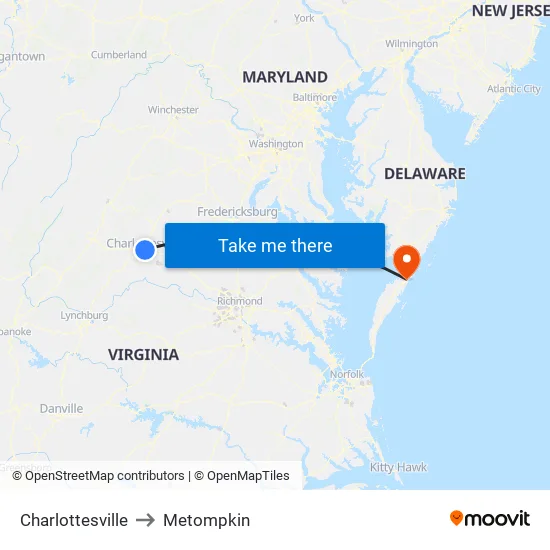Charlottesville to Metompkin map