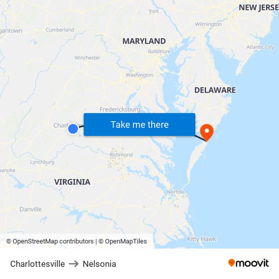 Charlottesville to Nelsonia map