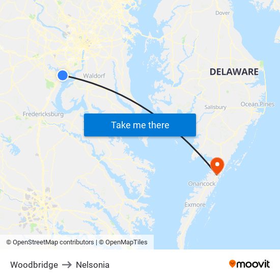 Woodbridge to Nelsonia map