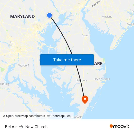 Bel Air to New Church map