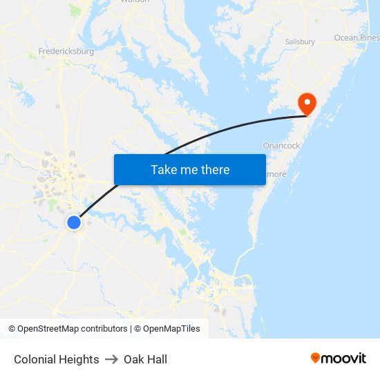 Colonial Heights to Oak Hall map