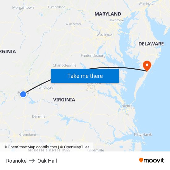 Roanoke to Oak Hall map