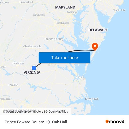 Prince Edward County to Oak Hall map