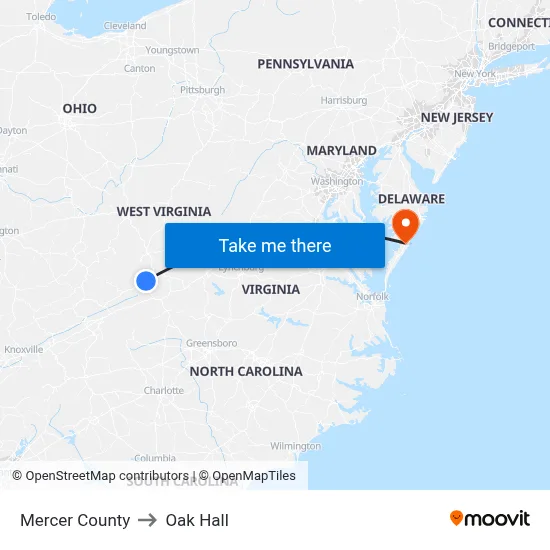 Mercer County to Oak Hall map