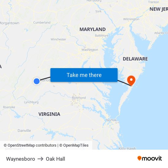 Waynesboro to Oak Hall map