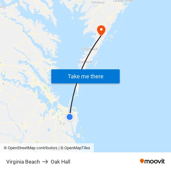 Virginia Beach to Oak Hall map