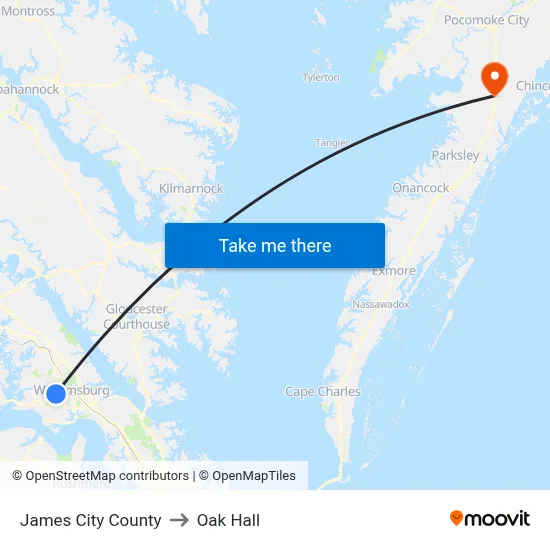James City County to Oak Hall map
