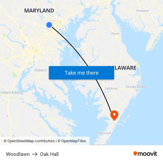 Woodlawn to Oak Hall map