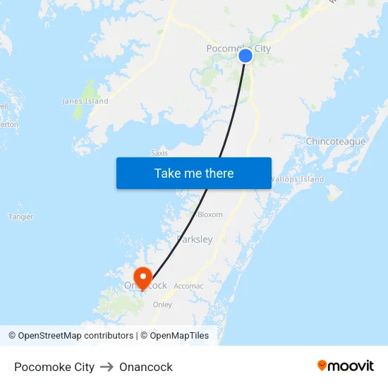Pocomoke City to Onancock map