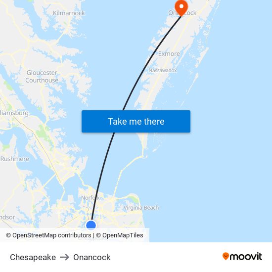 Chesapeake to Onancock map