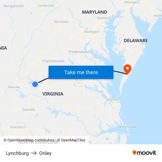 Lynchburg to Onley map