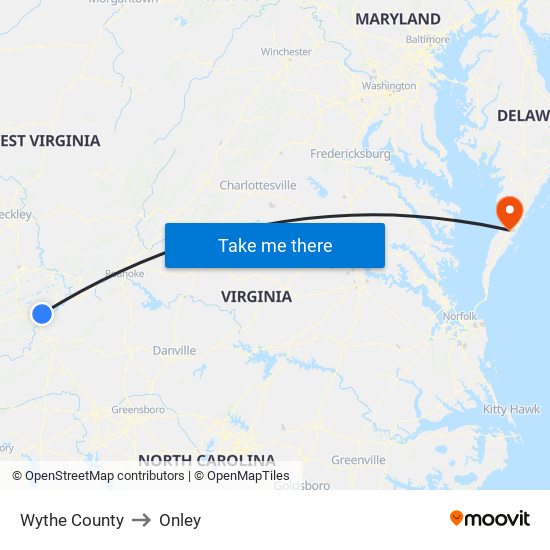 Wythe County to Onley map