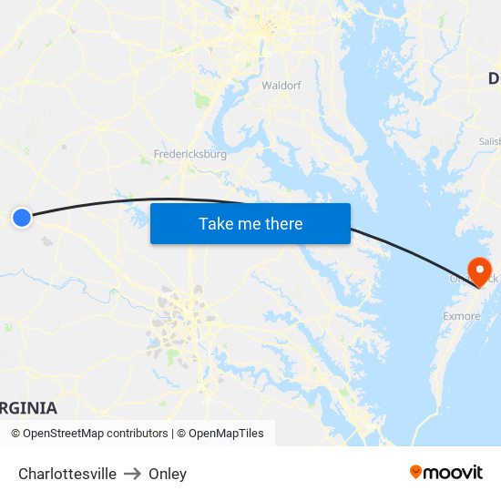 Charlottesville to Onley map