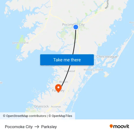 Pocomoke City to Parksley map