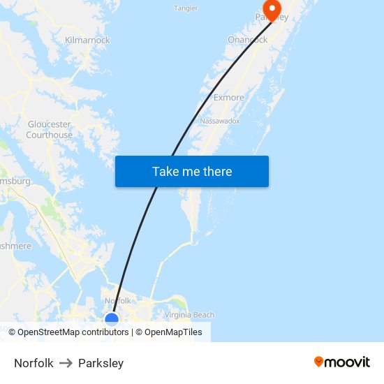 Norfolk to Parksley map