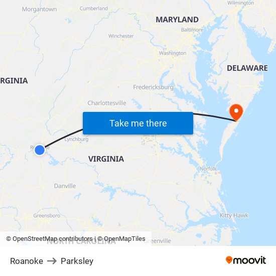 Roanoke to Parksley map