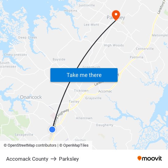 Accomack County to Parksley map