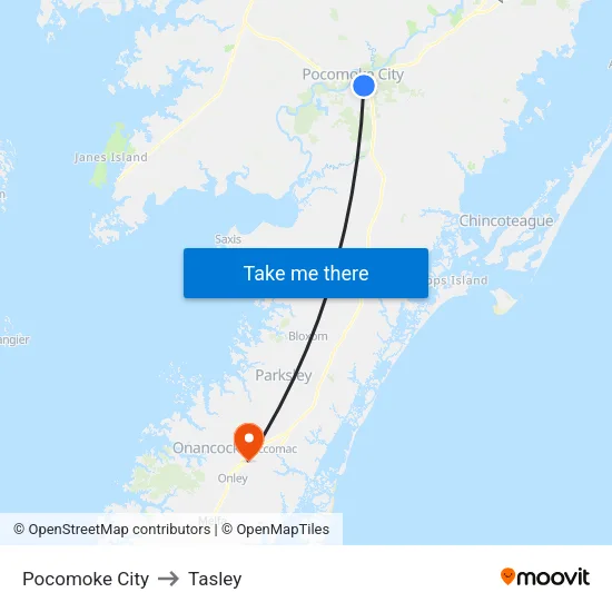 Pocomoke City to Tasley map