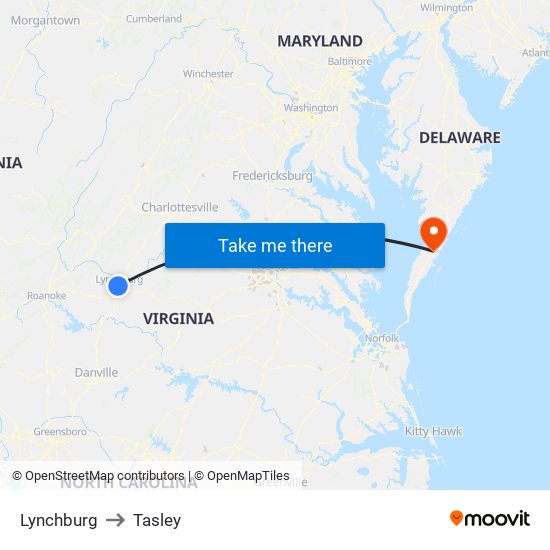 Lynchburg to Tasley map