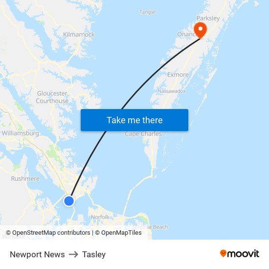 Newport News to Tasley map