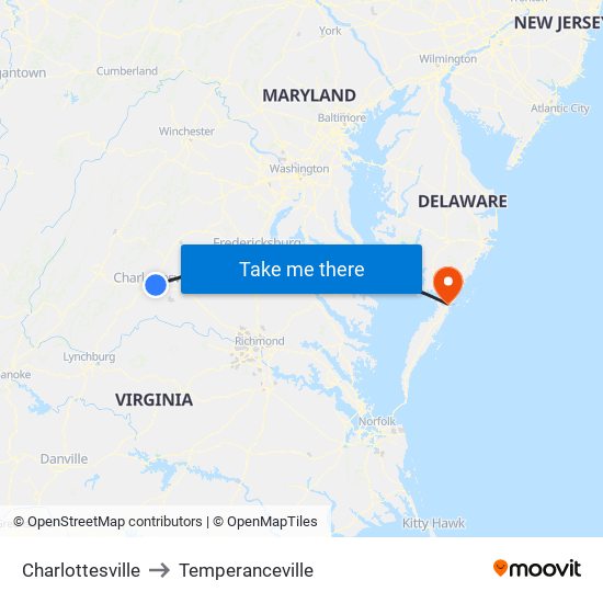 Charlottesville to Temperanceville map