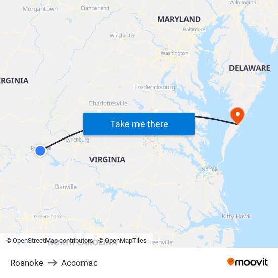 Roanoke to Accomac map