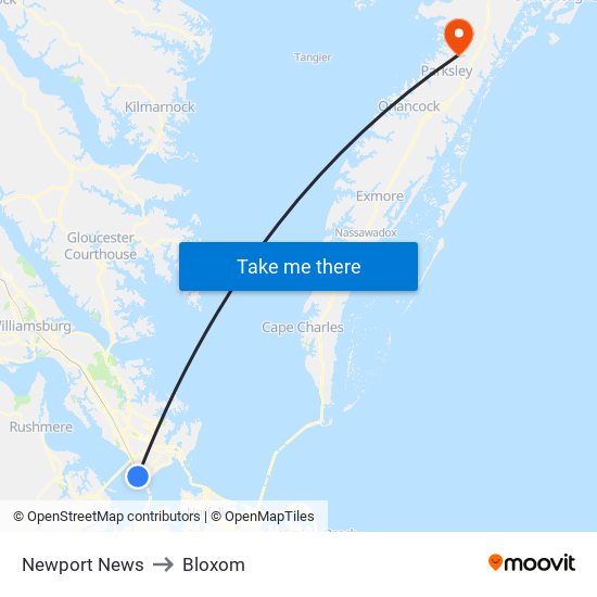 Newport News to Bloxom map