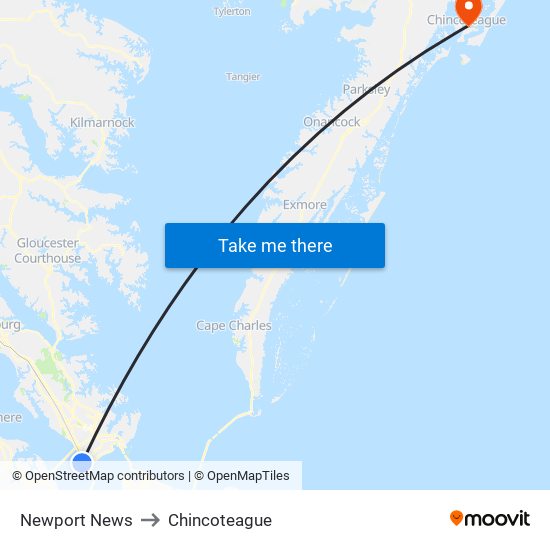 Newport News to Chincoteague map