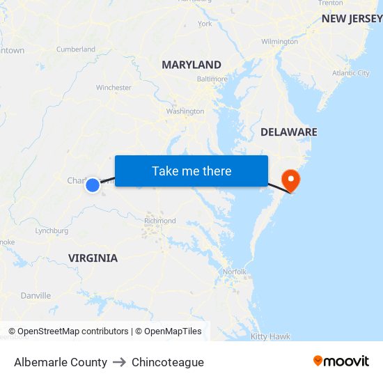Albemarle County to Chincoteague map