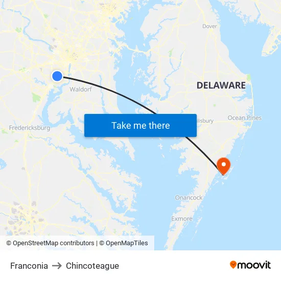 Franconia to Chincoteague map