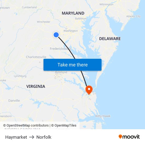 Haymarket to Norfolk map