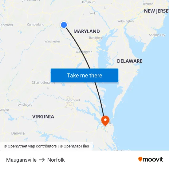 Maugansville to Norfolk map