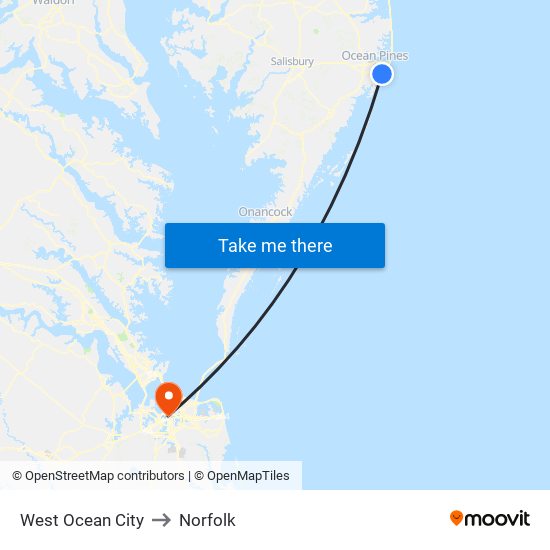 West Ocean City to Norfolk map