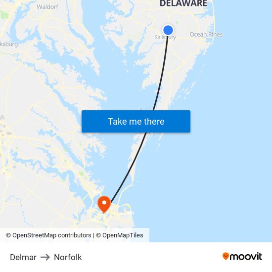 Delmar to Norfolk map
