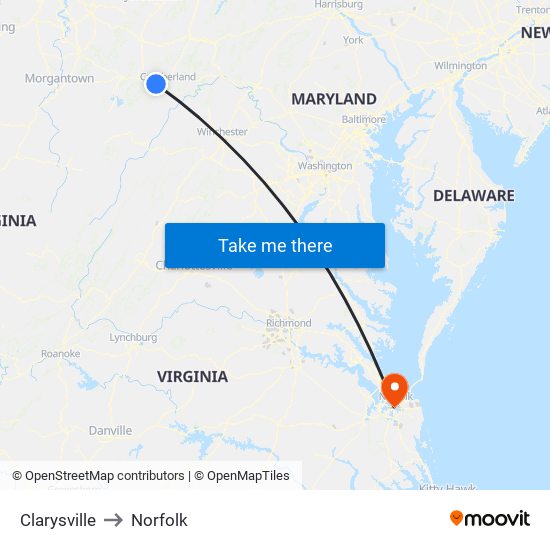 Clarysville to Norfolk map