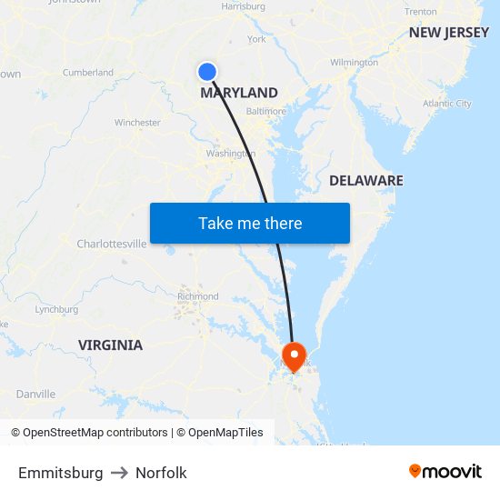 Emmitsburg to Norfolk map