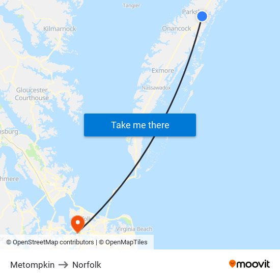 Metompkin to Norfolk map