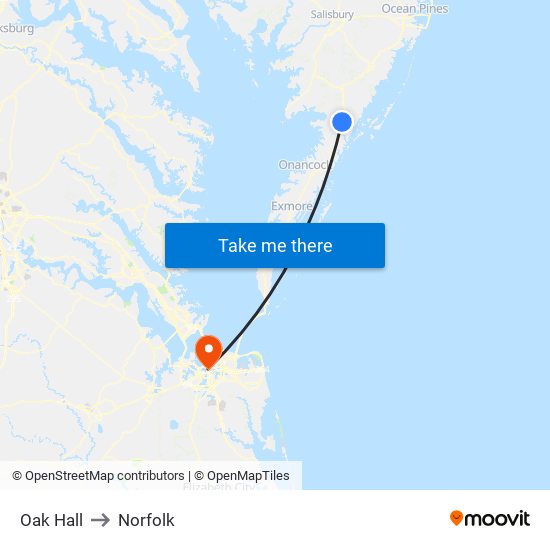 Oak Hall to Norfolk map