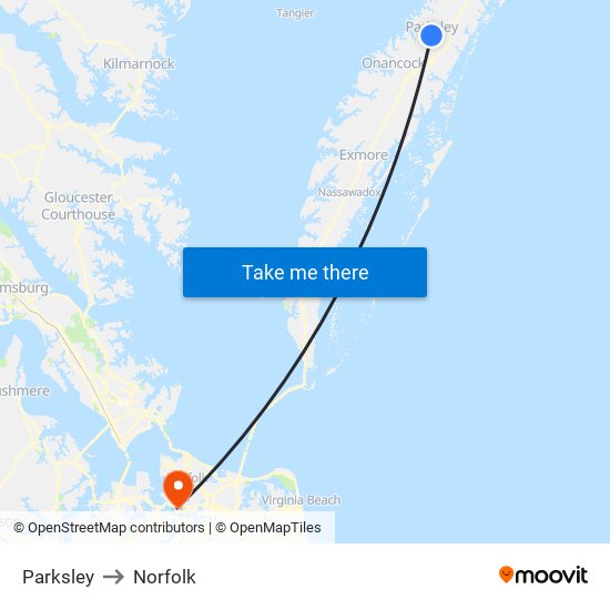 Parksley to Norfolk map