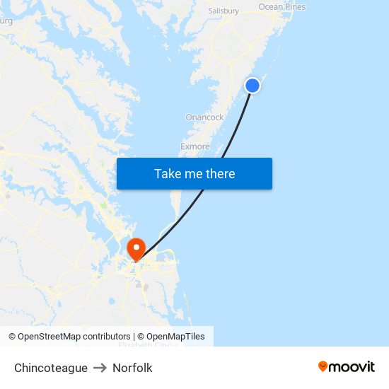 Chincoteague to Norfolk map