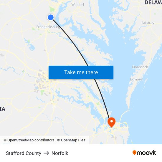 Stafford County to Norfolk map