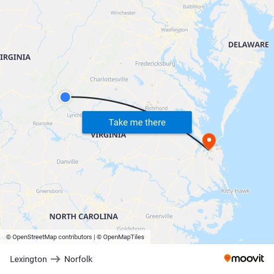 Lexington to Norfolk map