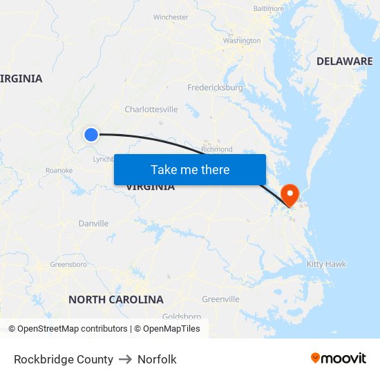 Rockbridge County to Norfolk map