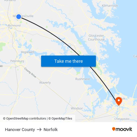 Hanover County to Norfolk map