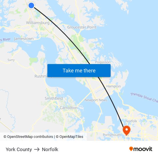 York County to Norfolk map