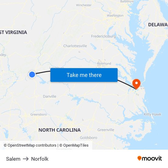 Salem to Norfolk map